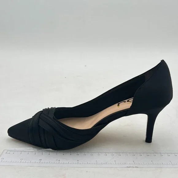 FSJ Black Mid Heels Pointed Toe Slip on Pumps D'Orsay Pleated Satin Shoes - Picture 2 of 8